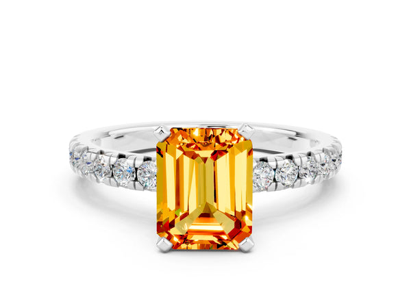 Silver Emerald Cut Citrine Solitaire Pavé Engagement Ring with Round Band and Prong Setting