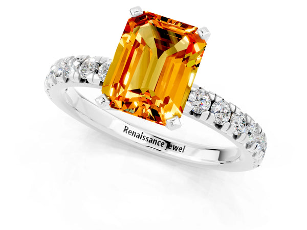Silver Emerald Cut Citrine Solitaire Pavé Engagement Ring with Round Band and Prong Setting