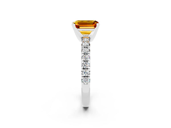 White gold Emerald Cut Citrine Solitaire Pavé Engagement Ring with Round Band and Prong Setting