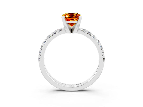 Platinum Emerald Cut Citrine Solitaire Pavé Engagement Ring with Round Band and Prong Setting