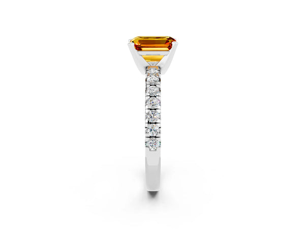 White gold Emerald Cut Citrine Solitaire Pavé Engagement Ring with Round Band and Prong Setting