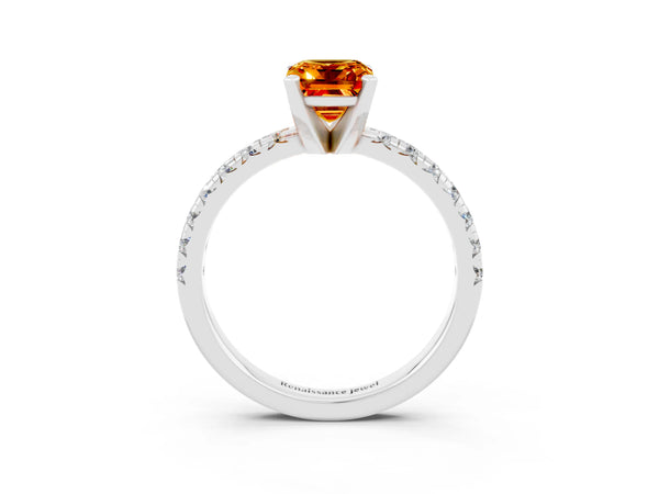 Platinum Emerald Cut Citrine Solitaire Pavé Engagement Ring with Round Band and Prong Setting