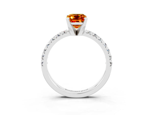 White gold Emerald Cut Citrine Solitaire Pavé Engagement Ring with Round Band and Prong Setting