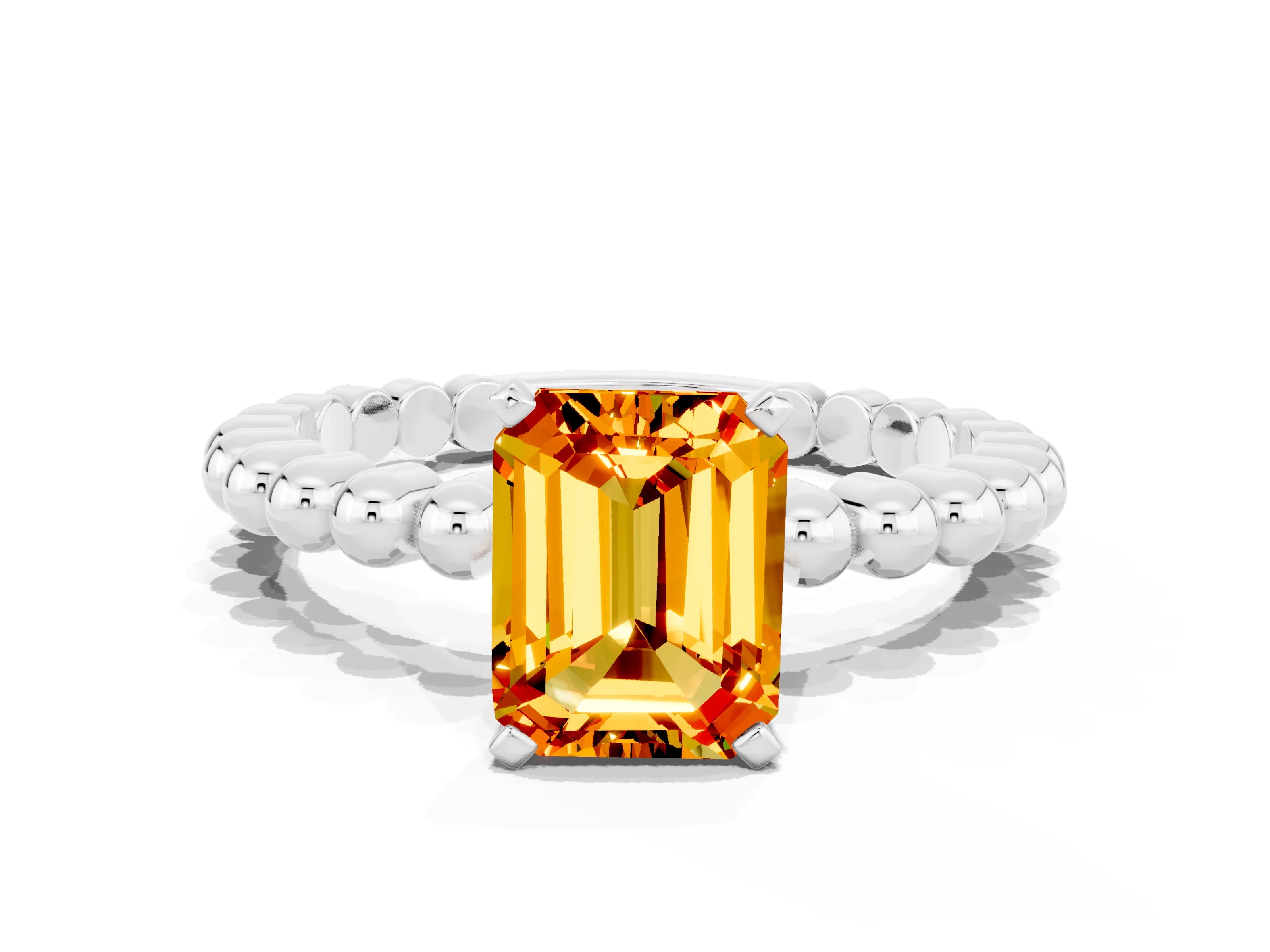 White gold Emerald Cut Citrine Solitaire Ring with Beaded Band and Prong Setting