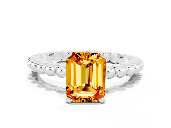 White gold Emerald Cut Citrine Solitaire Ring with Beaded Band and Prong Setting