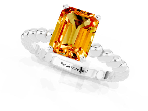 White gold Emerald Cut Citrine Solitaire Ring with Beaded Band and Prong Setting