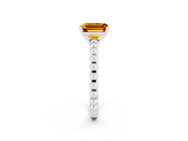 White gold Emerald Cut Citrine Solitaire Ring with Beaded Band and Prong Setting