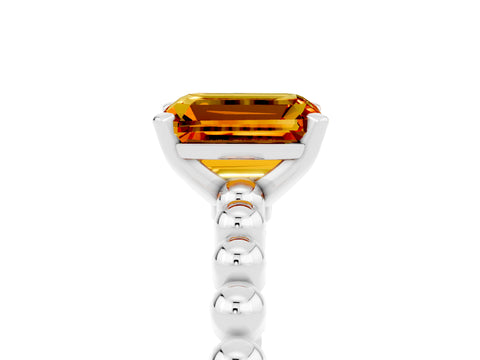 White gold Emerald Cut Citrine Solitaire Ring with Beaded Band and Prong Setting_17