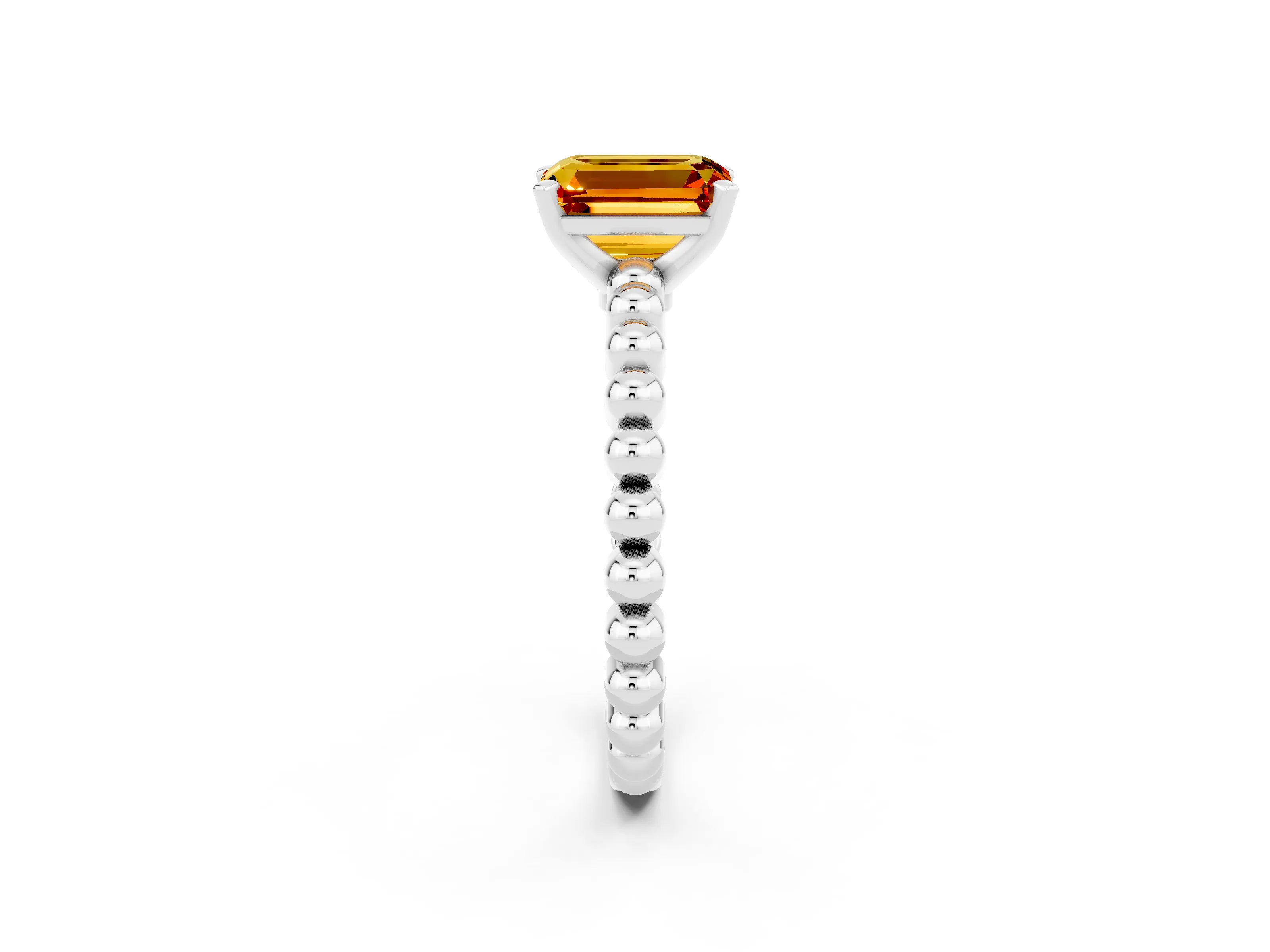 White gold Emerald Cut Citrine Solitaire Ring with Beaded Band and Prong Setting_2