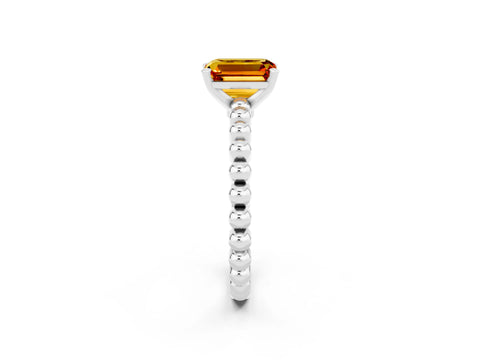 White gold Emerald Cut Citrine Solitaire Ring with Beaded Band and Prong Setting_2