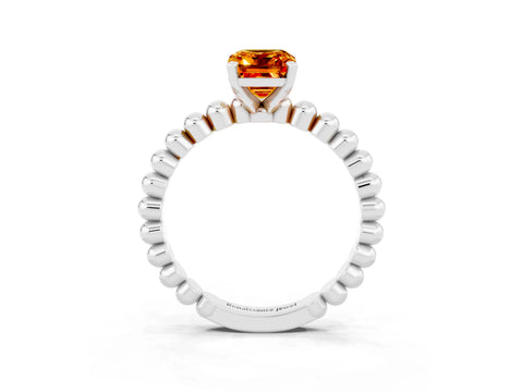 White gold Emerald Cut Citrine Solitaire Ring with Beaded Band and Prong Setting_3