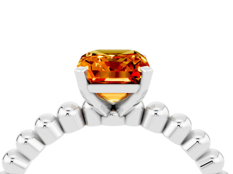 White gold Emerald Cut Citrine Solitaire Ring with Beaded Band and Prong Setting_4