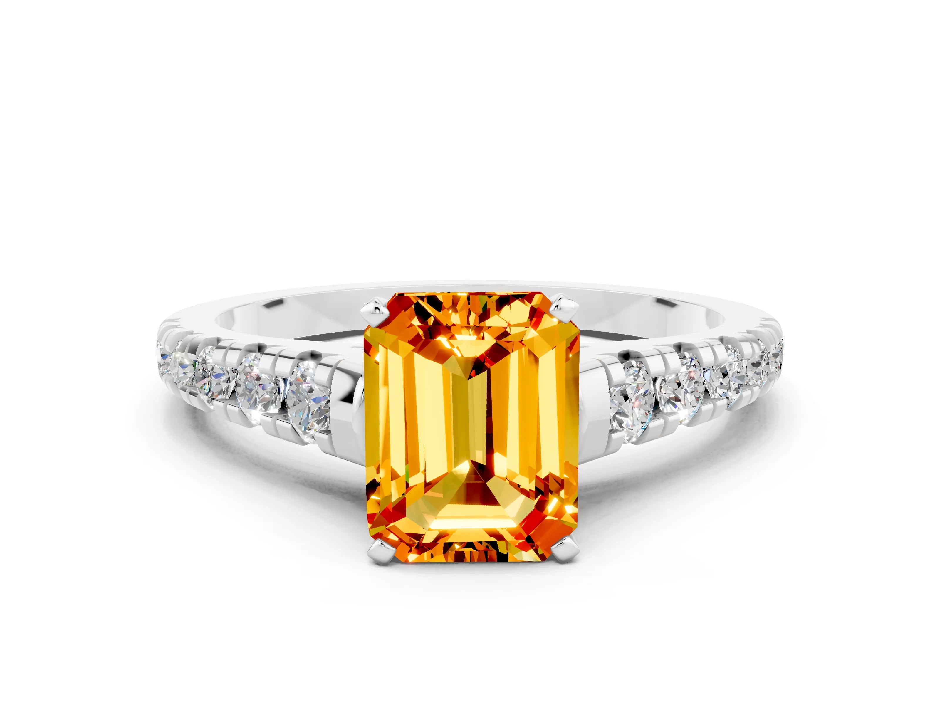White gold Emerald Cut Citrine Solitaire Ring with Cathedral Setting and Pavé Band