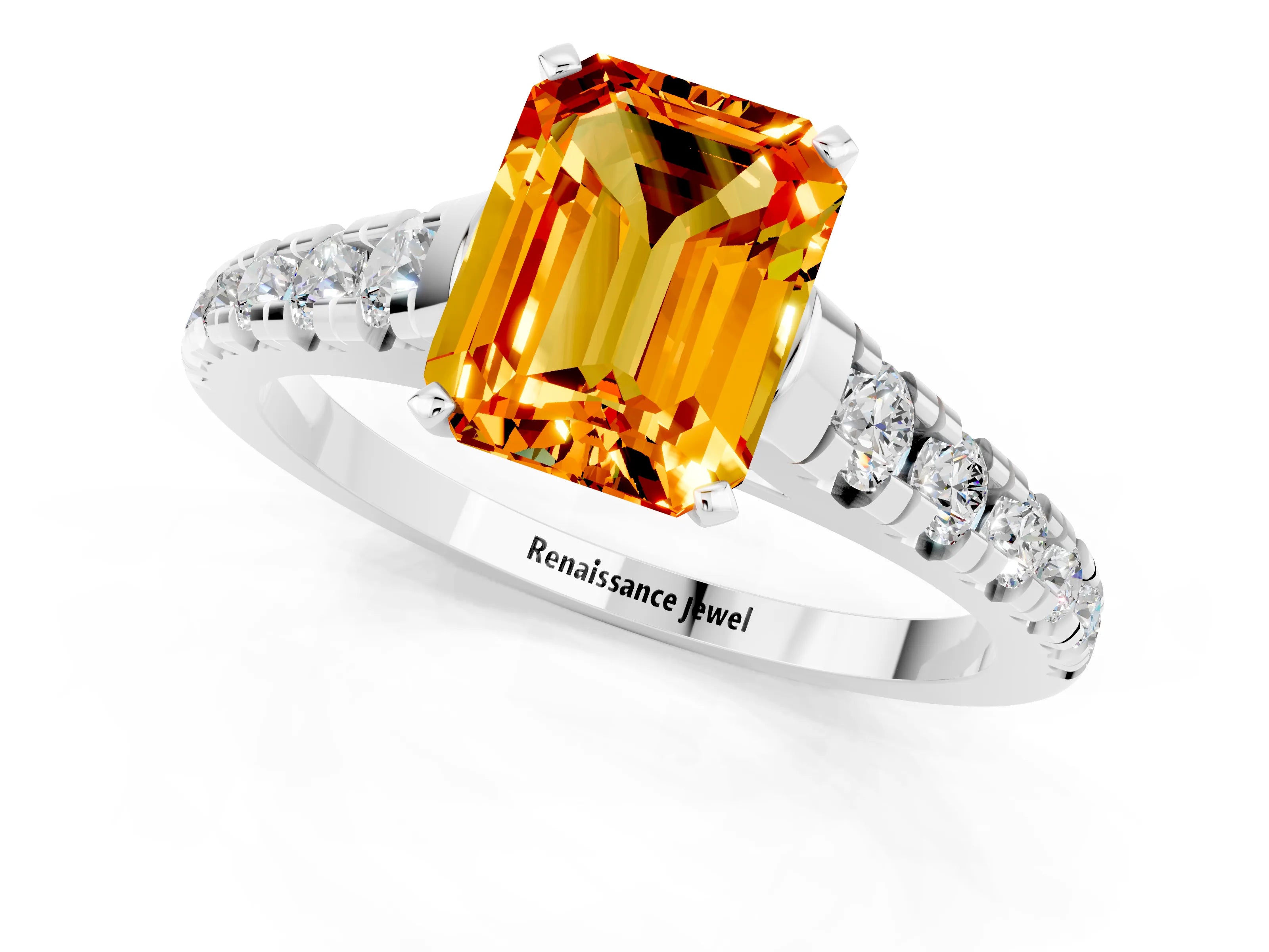 White gold Emerald Cut Citrine Solitaire Ring with Cathedral Setting and Pavé Band_1