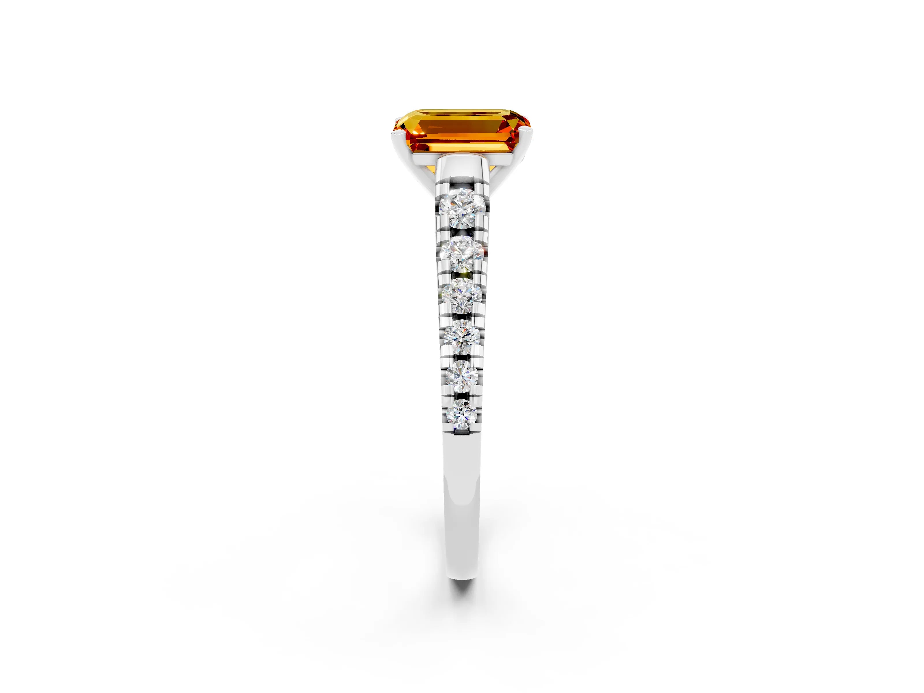 White gold Emerald Cut Citrine Solitaire Ring with Cathedral Setting and Pavé Band_2