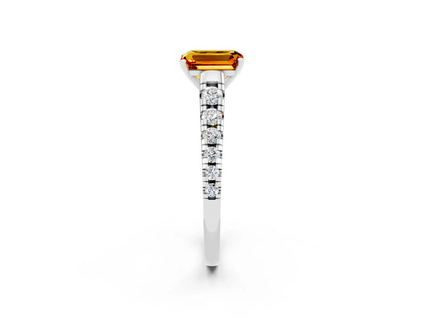 Platinum Emerald Cut Citrine Cathedral Solitaire Ring with Round  Pavé Band