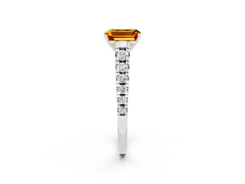 White gold Emerald Cut Citrine Solitaire Ring with Cathedral Setting and Pavé Band_2
