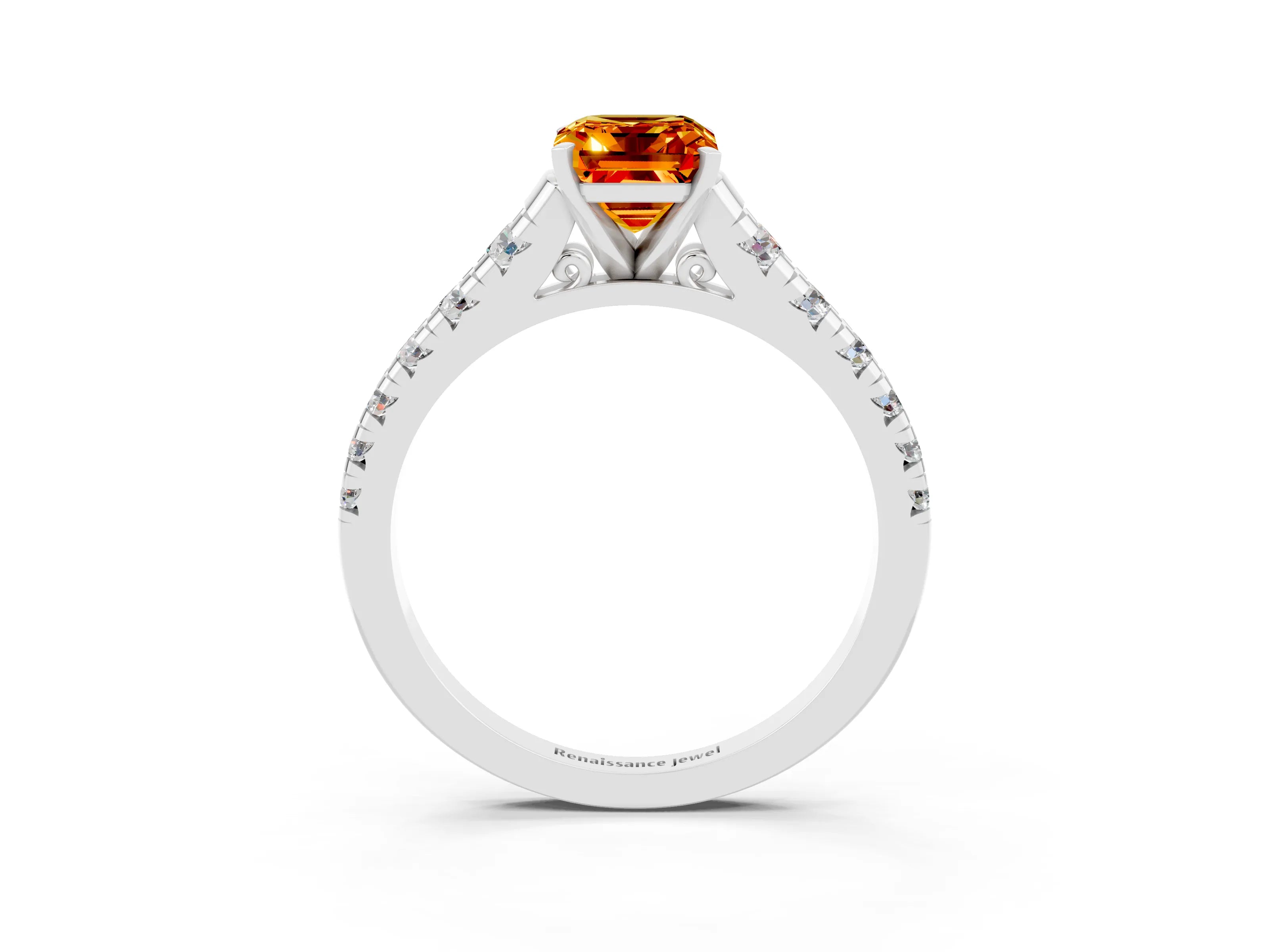 White gold Emerald Cut Citrine Solitaire Ring with Cathedral Setting and Pavé Band_3