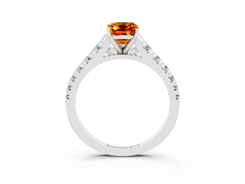 White gold Emerald Cut Citrine Solitaire Ring with Cathedral Setting and Pavé Band_3