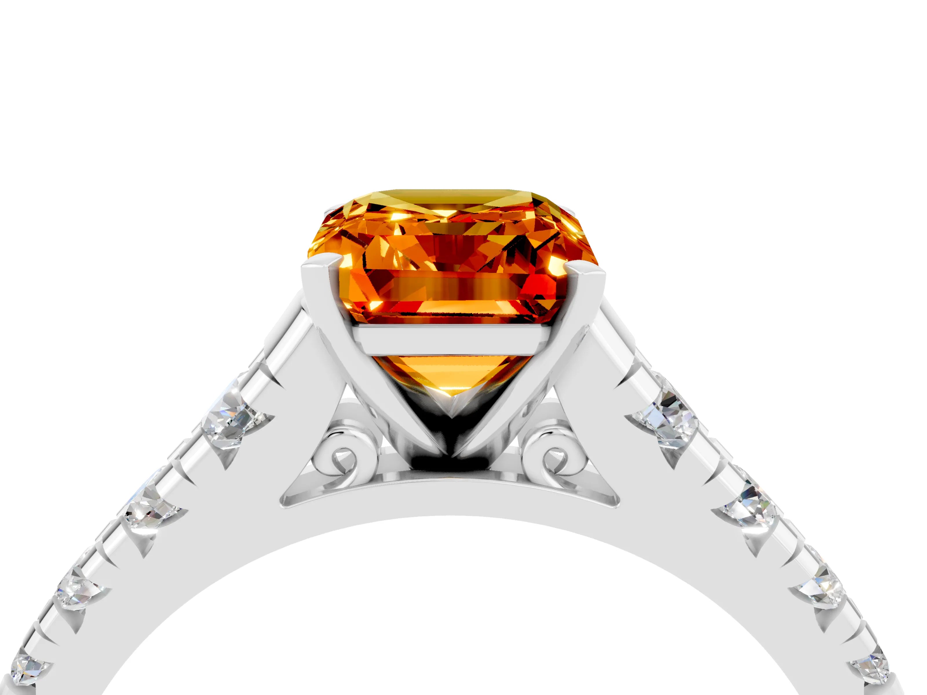 White gold Emerald Cut Citrine Solitaire Ring with Cathedral Setting and Pavé Band_4