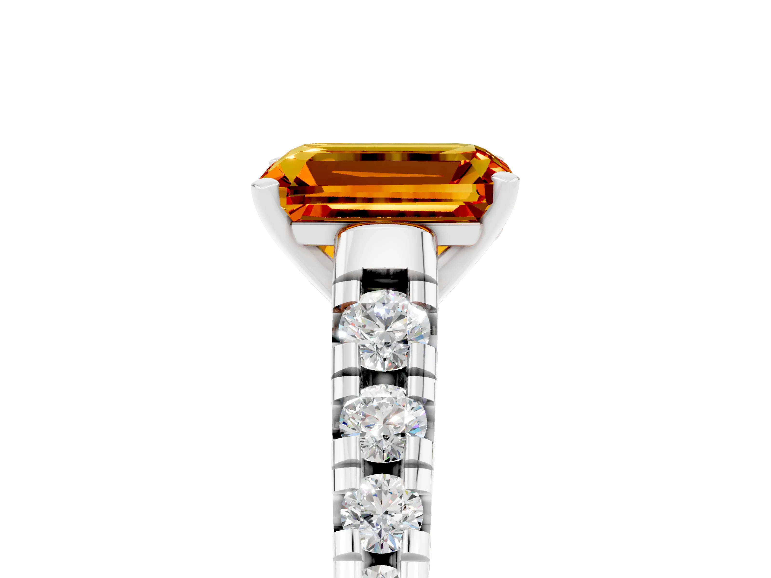 White gold Emerald Cut Citrine Solitaire Ring with Cathedral Setting and Pavé Band_5
