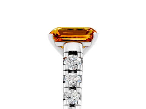 White gold Emerald Cut Citrine Solitaire Ring with Cathedral Setting and Pavé Band_5