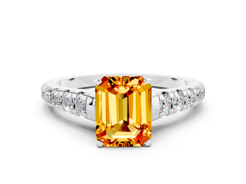 White gold Emerald Cut Citrine Solitaire Ring with Cathedral Setting and Pavé Band