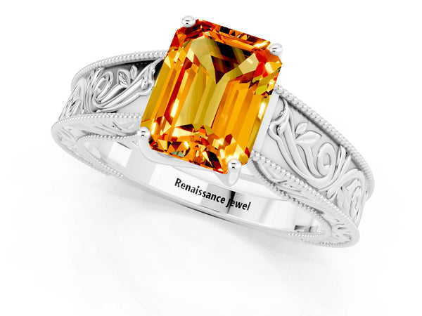 Platinum Emerald Cut Citrine Solitaire Ring with Engraved Band and Four-Prong Setting