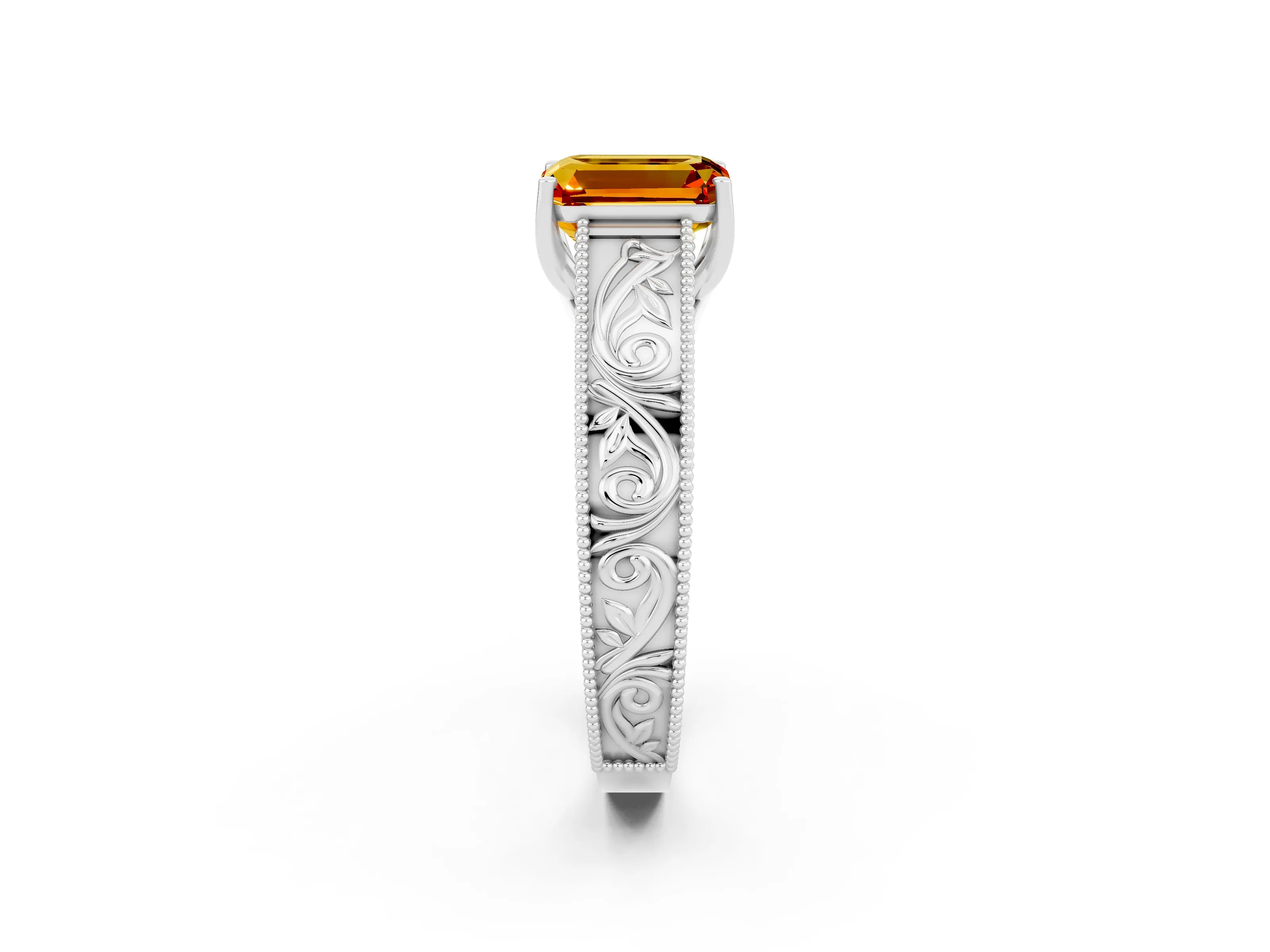 White gold Emerald Cut Citrine Solitaire Ring with Engraved Band and Four-Prong Setting_2