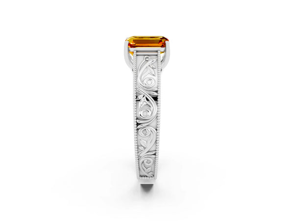 Platinum Emerald Cut Citrine Solitaire Ring with Engraved Band and Four-Prong Setting