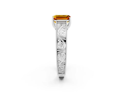 White gold Emerald Cut Citrine Solitaire Ring with Engraved Band and Four-Prong Setting_2