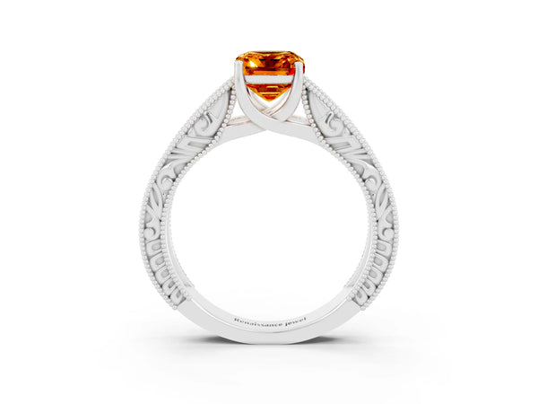 Platinum Emerald Cut Citrine Solitaire Ring with Engraved Band and Four-Prong Setting