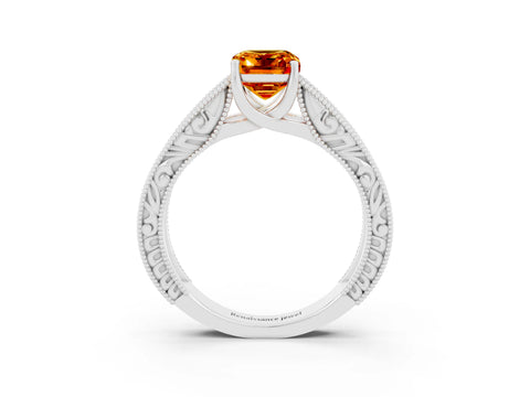 White gold Emerald Cut Citrine Solitaire Ring with Engraved Band and Four-Prong Setting_3