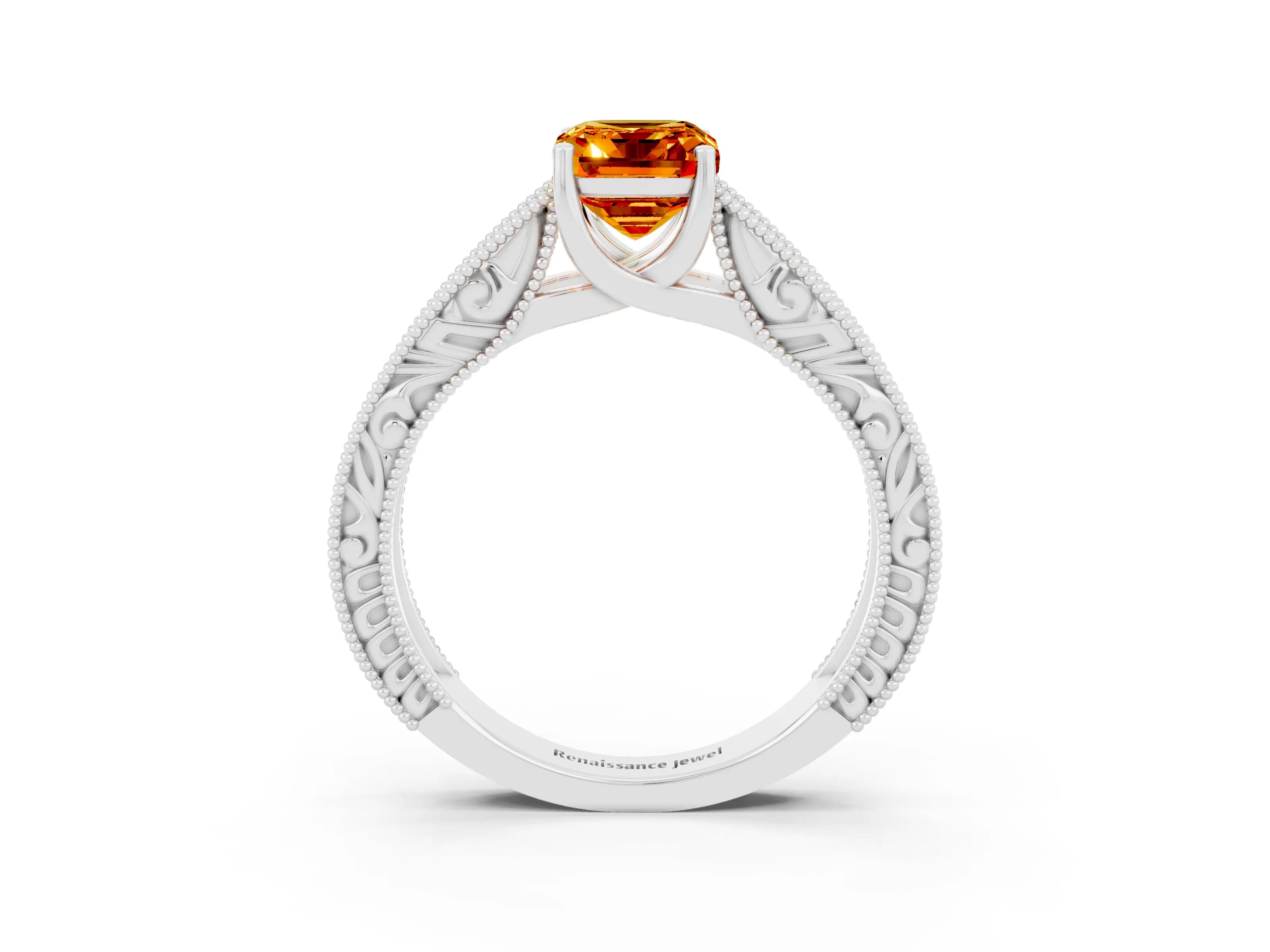 White gold Emerald Cut Citrine Solitaire Ring with Engraved Band and Four-Prong Setting_3