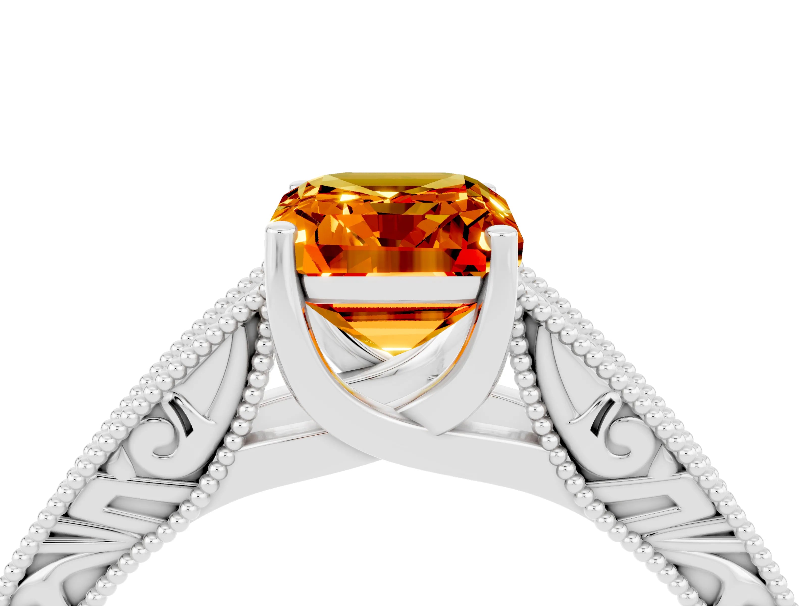 White gold Emerald Cut Citrine Solitaire Ring with Engraved Band and Four-Prong Setting_4