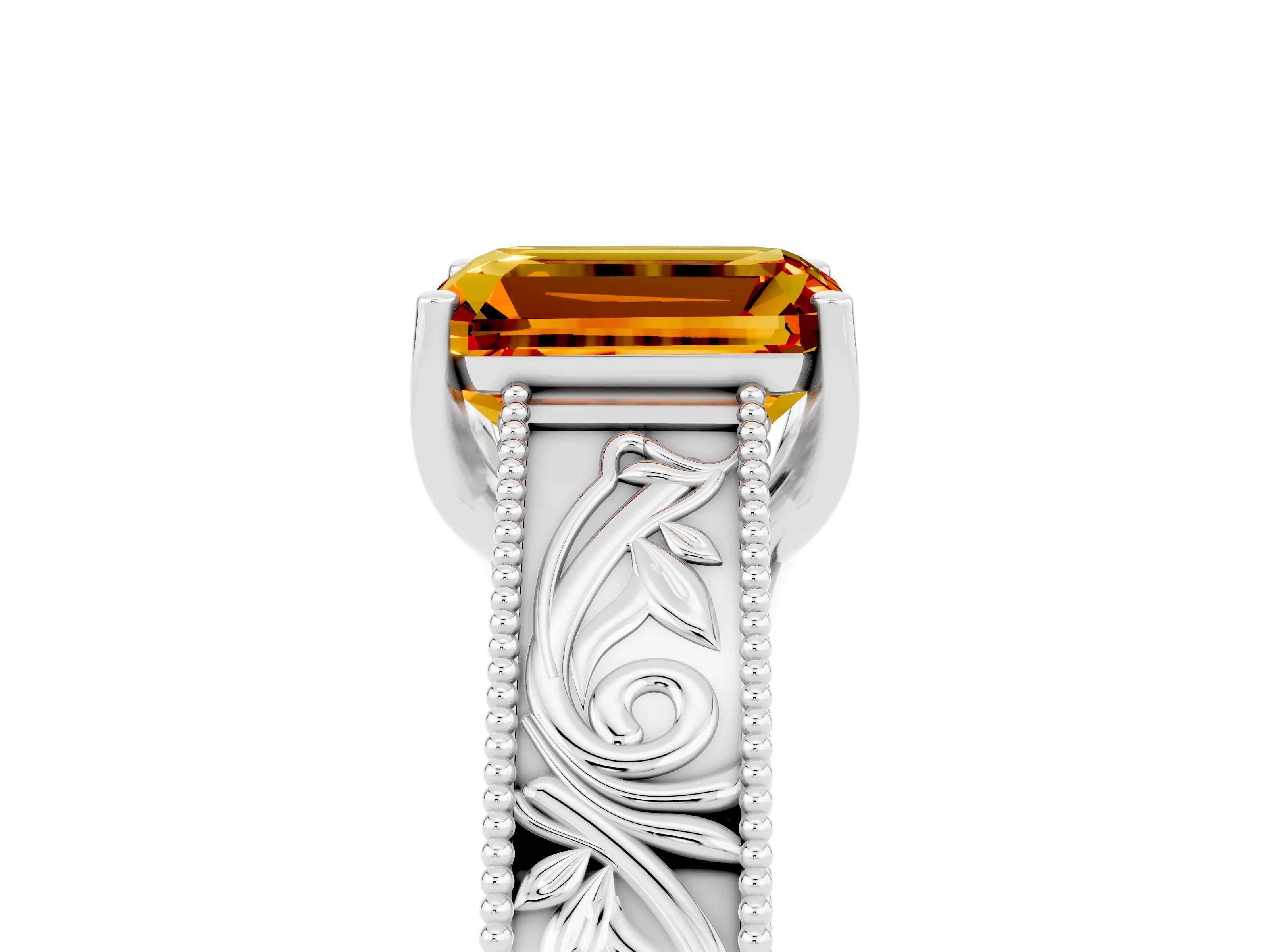 White gold Emerald Cut Citrine Solitaire Ring with Engraved Band and Four-Prong Setting_5