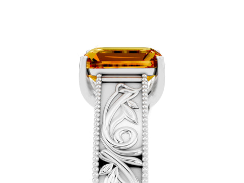 White gold Emerald Cut Citrine Solitaire Ring with Engraved Band and Four-Prong Setting_5