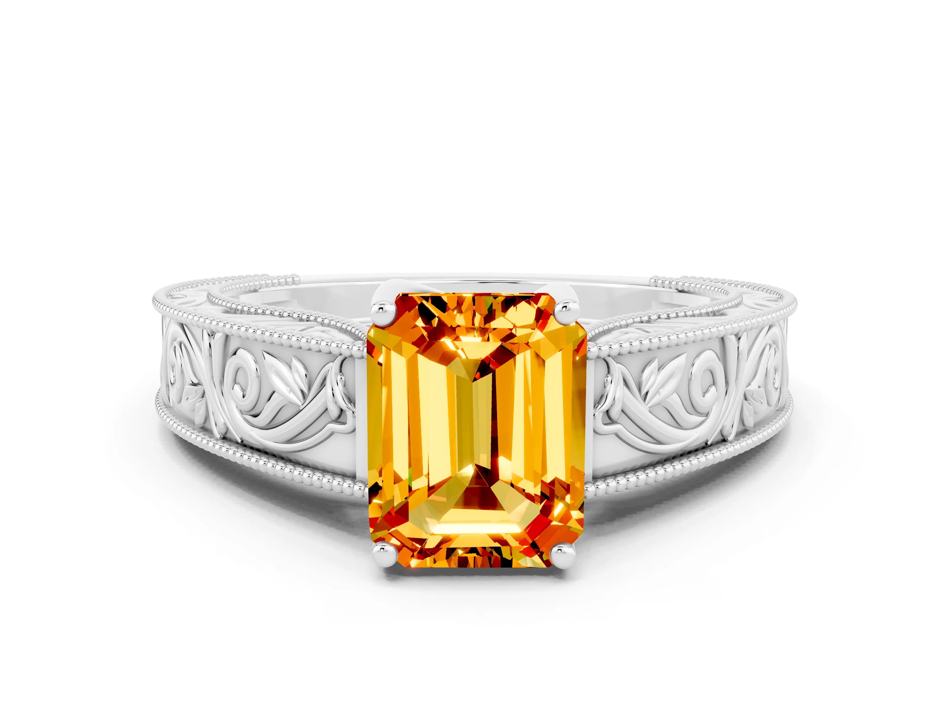 White gold Emerald Cut Citrine Solitaire Ring with Engraved Band and Four-Prong Setting