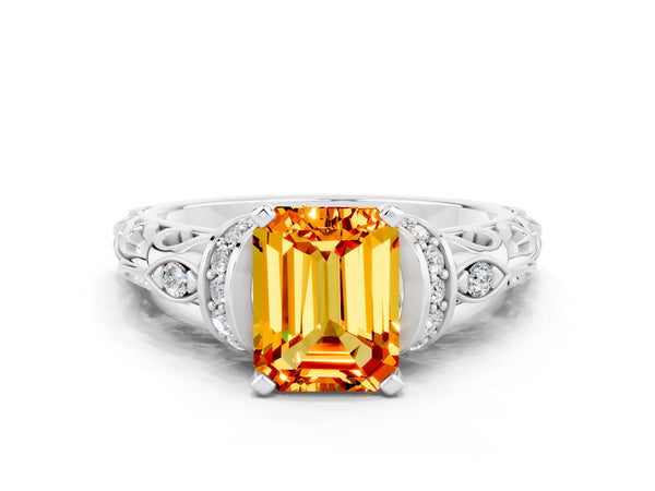 White gold Emerald Cut Citrine Solitaire Ring with Filigree Band and Four-Prong Setting