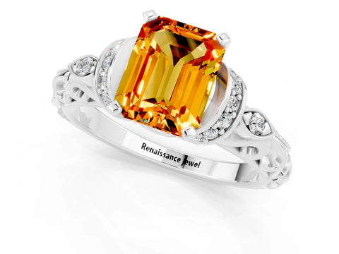 White gold Emerald Cut Citrine Solitaire Ring with Filigree Band and Four-Prong Setting_25
