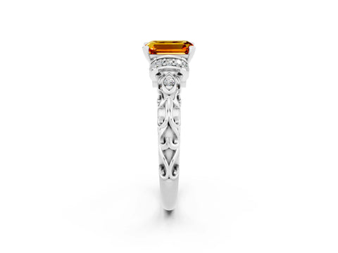 White gold Emerald Cut Citrine Solitaire Ring with Filigree Band and Four-Prong Setting_26