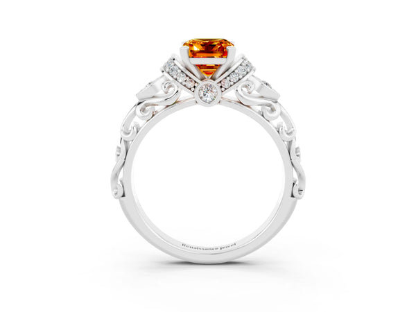 Silver Emerald Cut Citrine Solitaire Ring with Filigree Band and Four-Prong Setting