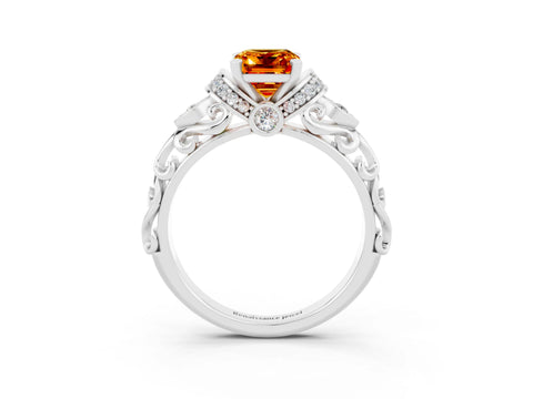 White gold Emerald Cut Citrine Solitaire Ring with Filigree Band and Four-Prong Setting_27