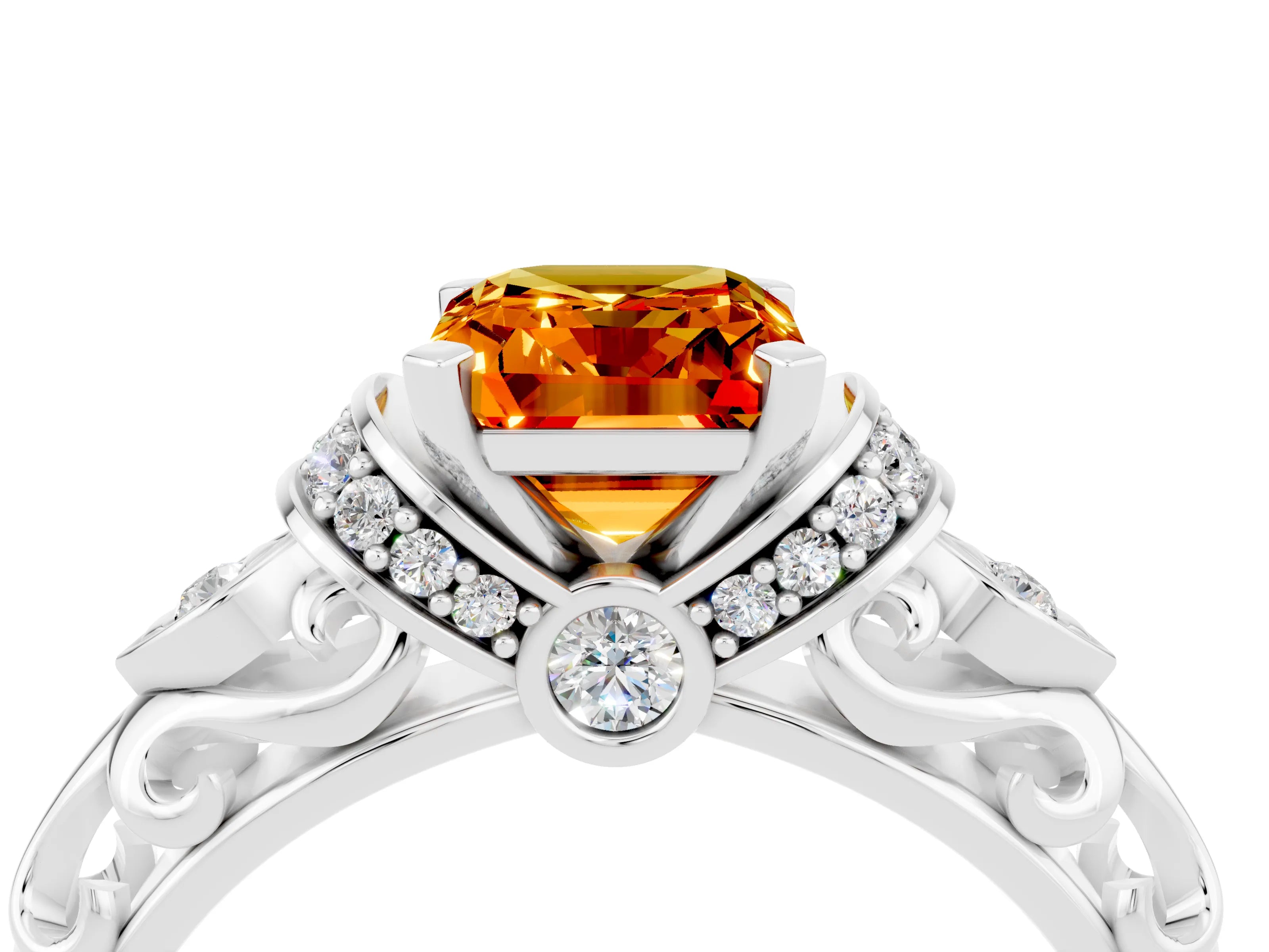 White gold Emerald Cut Citrine Solitaire Ring with Filigree Band and Four-Prong Setting_28