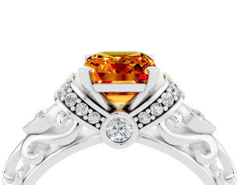 White gold Emerald Cut Citrine Solitaire Ring with Filigree Band and Four-Prong Setting_28
