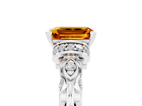 White gold Emerald Cut Citrine Solitaire Ring with Filigree Band and Four-Prong Setting_29