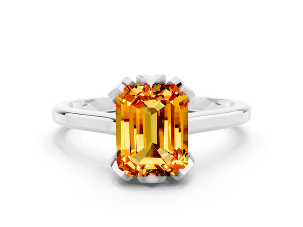 Silver Emerald Cut Citrine Solitaire Ring with Flower Prong Setting and Classic Band