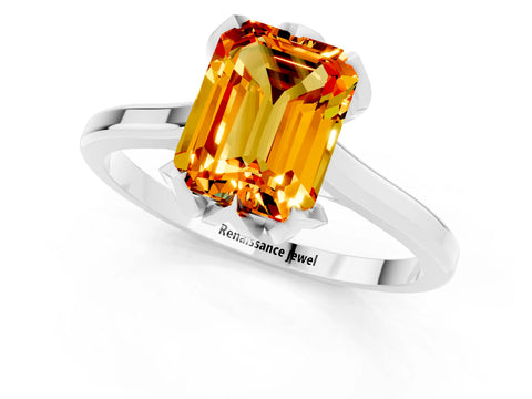 White gold Emerald Cut Citrine Solitaire Ring with Flower Prong Setting and Classic Band_13