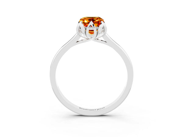 Platinum Emerald Cut Citrine Solitaire Ring with Flower Prong Setting and Classic Band