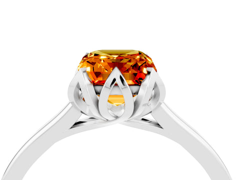 White gold Emerald Cut Citrine Solitaire Ring with Flower Prong Setting and Classic Band_16